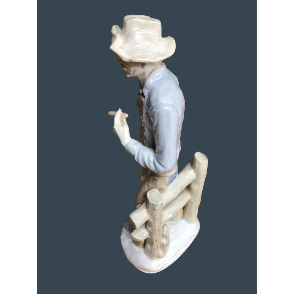 Porcelain Figurine Cowboy Sculpture Hat Cigar Rope Japan Western Rodeo Blue